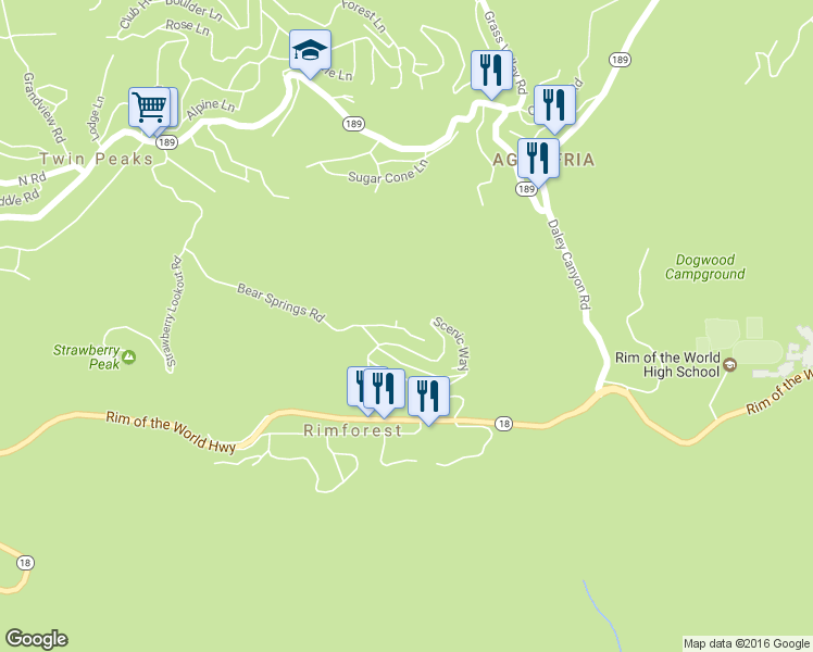 map of restaurants, bars, coffee shops, grocery stores, and more near 26576 Lakeview Drive in Rimforest