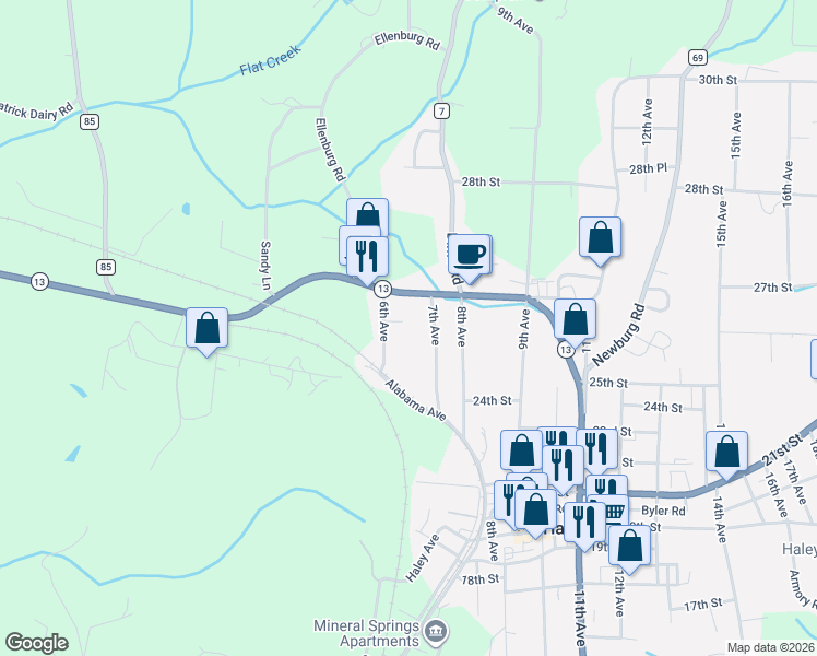 map of restaurants, bars, coffee shops, grocery stores, and more near Mcnutt Drive in Haleyville