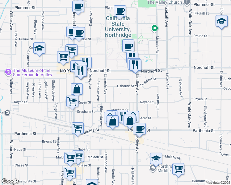 map of restaurants, bars, coffee shops, grocery stores, and more near 8936 Nestle Avenue in Los Angeles