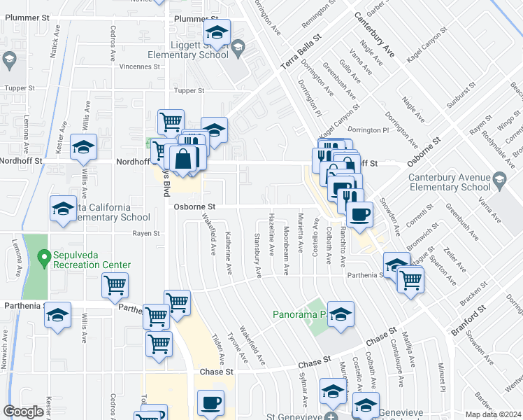 map of restaurants, bars, coffee shops, grocery stores, and more near 14314 Osborne Street in Los Angeles