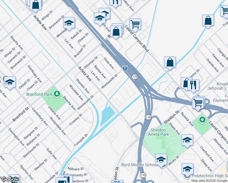 map of restaurants, bars, coffee shops, grocery stores, and more near 12954 Crowley Street in Los Angeles