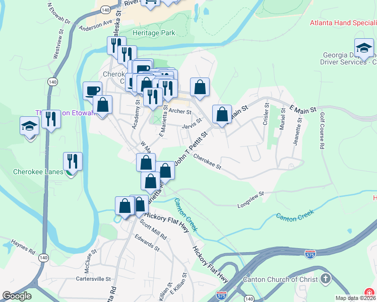 map of restaurants, bars, coffee shops, grocery stores, and more near 273 Doctor John T Pettit Street in Canton