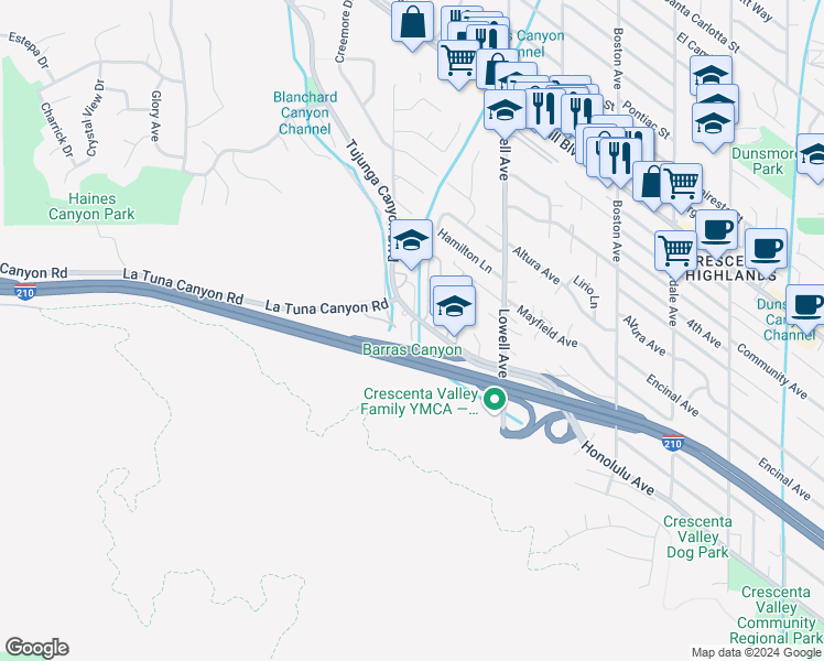 map of restaurants, bars, coffee shops, grocery stores, and more near 6300 Honolulu Avenue in Glendale