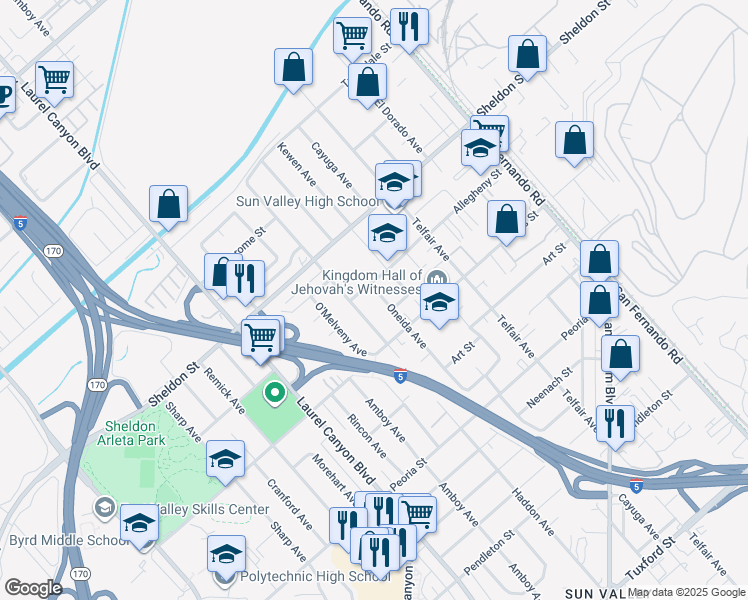 map of restaurants, bars, coffee shops, grocery stores, and more near 9021 Oneida Avenue in Los Angeles