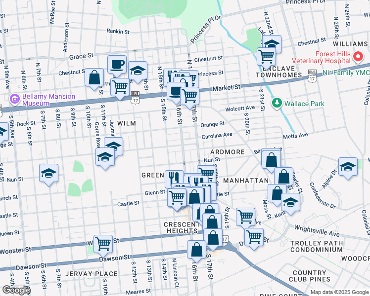 map of restaurants, bars, coffee shops, grocery stores, and more near 1602 Ann Street in Wilmington