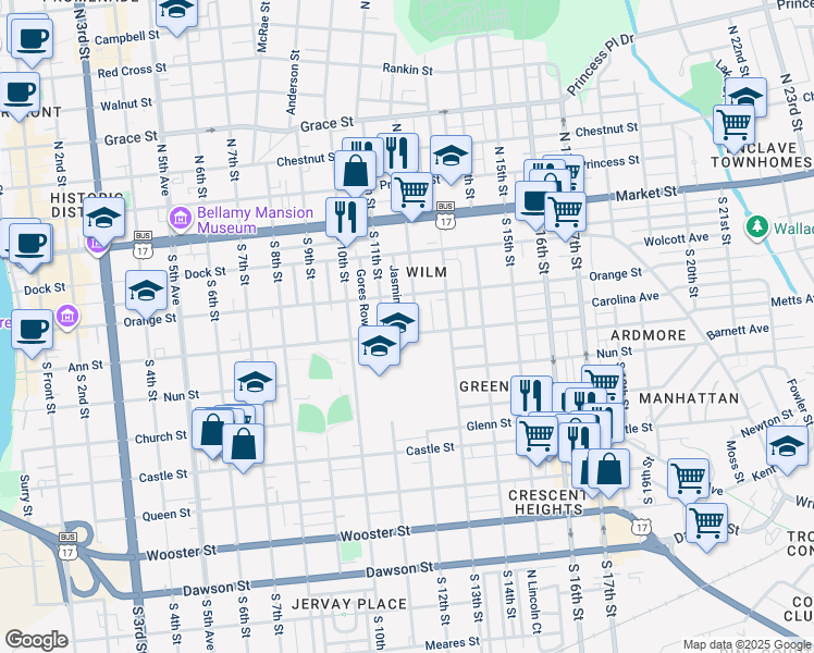 map of restaurants, bars, coffee shops, grocery stores, and more near 222 South 12th Street in Wilmington