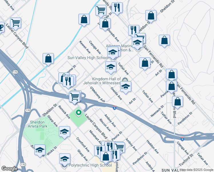 map of restaurants, bars, coffee shops, grocery stores, and more near 9021 Oneida Avenue in Los Angeles
