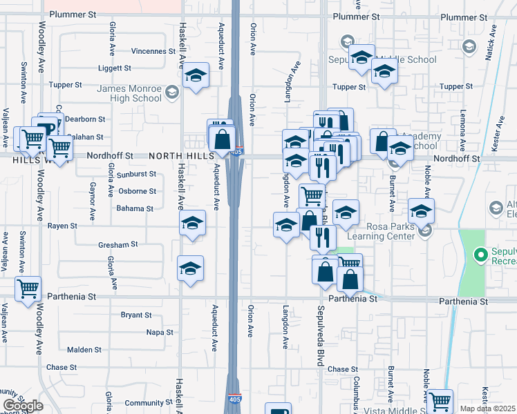 map of restaurants, bars, coffee shops, grocery stores, and more near 8926 Orion Avenue in Los Angeles