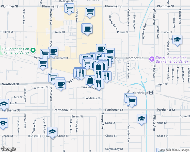 map of restaurants, bars, coffee shops, grocery stores, and more near 19344 West Eddy Street in Los Angeles