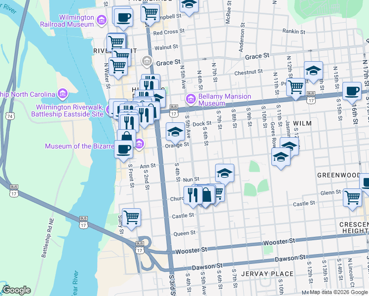 map of restaurants, bars, coffee shops, grocery stores, and more near 202 South 5th Avenue in Wilmington