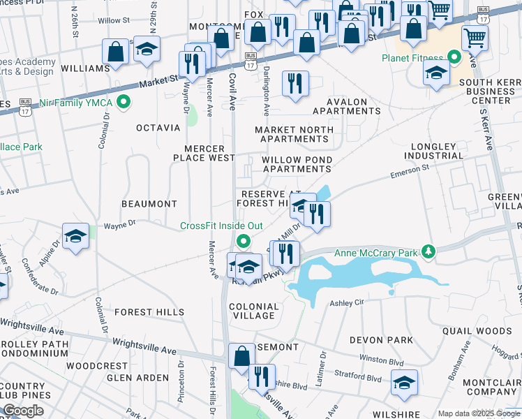 map of restaurants, bars, coffee shops, grocery stores, and more near 425 Darlington Avenue in Wilmington