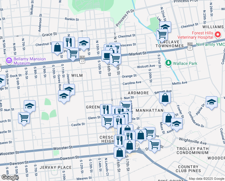 map of restaurants, bars, coffee shops, grocery stores, and more near 1602 Ann Street in Wilmington