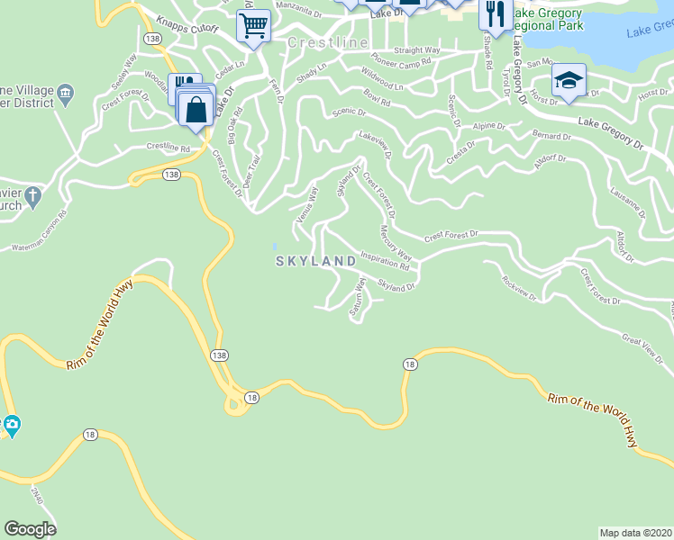 map of restaurants, bars, coffee shops, grocery stores, and more near 23791 Skyland Drive in Crestline