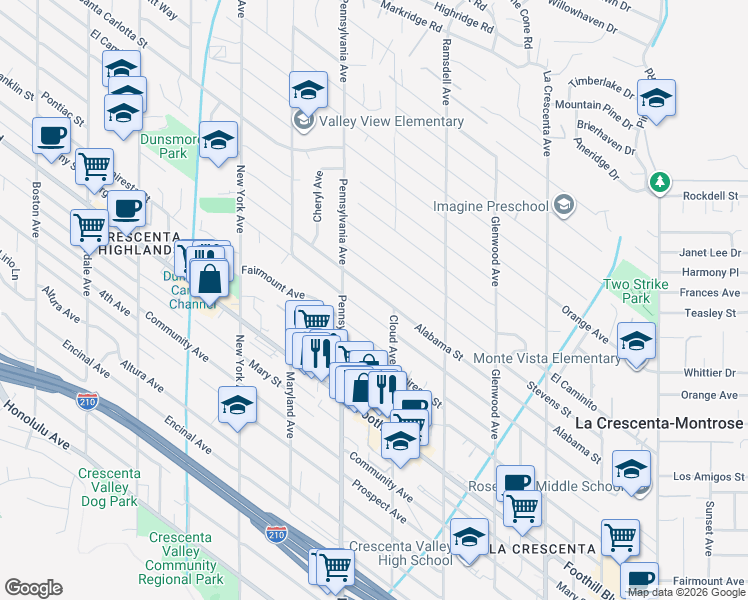 map of restaurants, bars, coffee shops, grocery stores, and more near 3149 Los Olivos Lane in La Crescenta-Montrose
