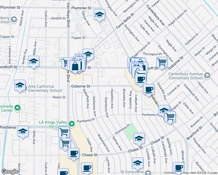 map of restaurants, bars, coffee shops, grocery stores, and more near 14314 Osborne Street in Los Angeles