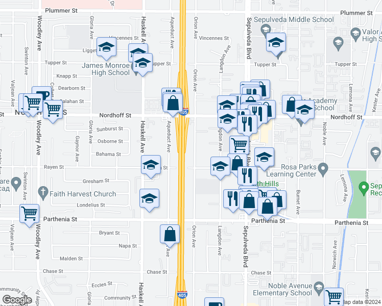 map of restaurants, bars, coffee shops, grocery stores, and more near 8935 Orion Avenue in Los Angeles