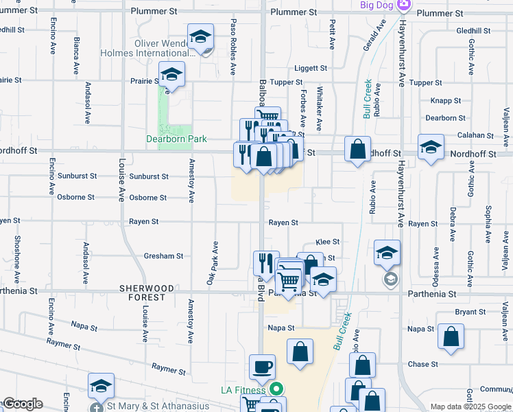 map of restaurants, bars, coffee shops, grocery stores, and more near 8929 Balboa Boulevard in Los Angeles