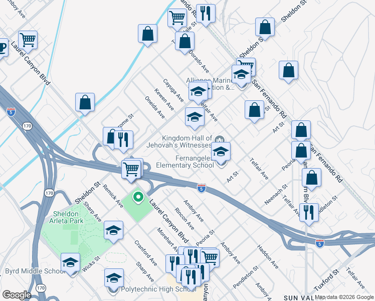 map of restaurants, bars, coffee shops, grocery stores, and more near 9021 Oneida Avenue in Los Angeles