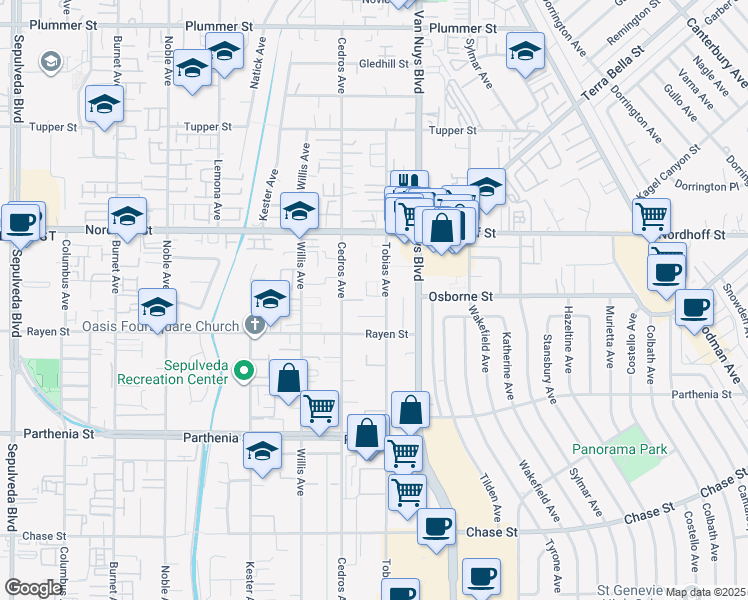 map of restaurants, bars, coffee shops, grocery stores, and more near 8943 Tobias Avenue in Los Angeles
