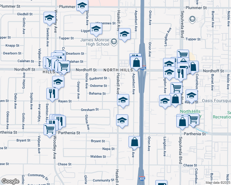 map of restaurants, bars, coffee shops, grocery stores, and more near 8937 Haskell Avenue in Los Angeles