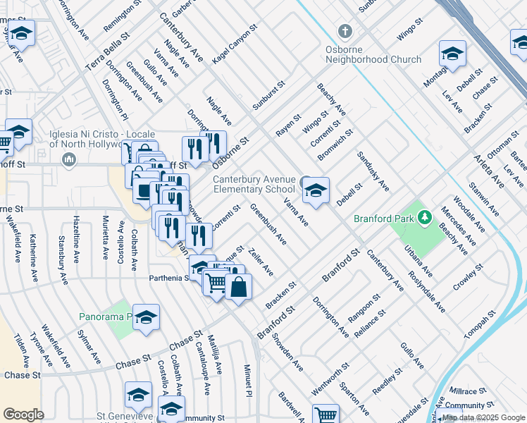map of restaurants, bars, coffee shops, grocery stores, and more near 8968 Greenbush Ave in Los Angeles