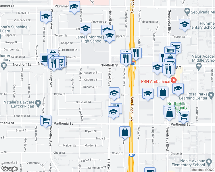map of restaurants, bars, coffee shops, grocery stores, and more near 8937 Haskell Avenue in Los Angeles