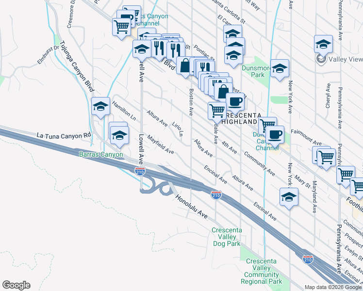 map of restaurants, bars, coffee shops, grocery stores, and more near 3818 Altura Avenue in Glendale