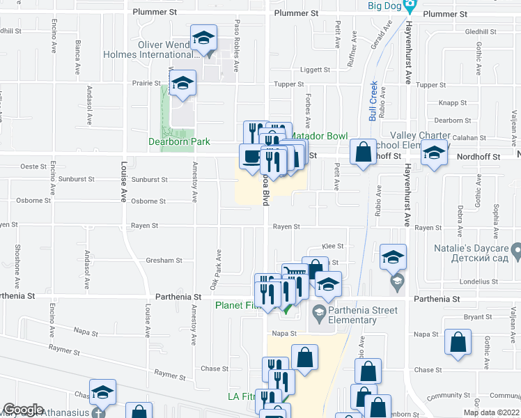 map of restaurants, bars, coffee shops, grocery stores, and more near 8929 Balboa Boulevard in Los Angeles