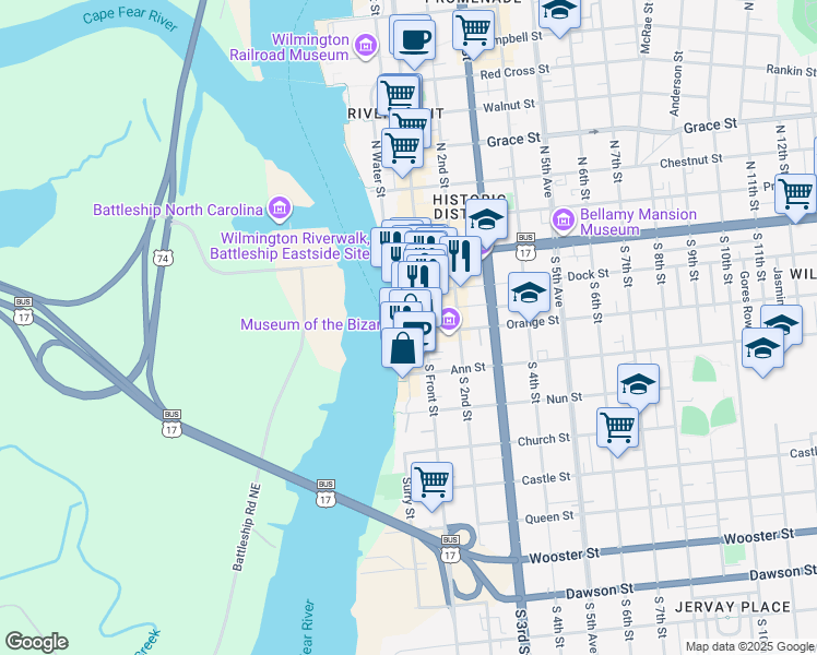 map of restaurants, bars, coffee shops, grocery stores, and more near 129 S Water St in Wilmington