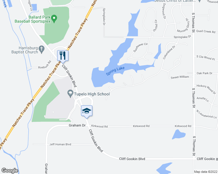 map of restaurants, bars, coffee shops, grocery stores, and more near Marigold in Tupelo