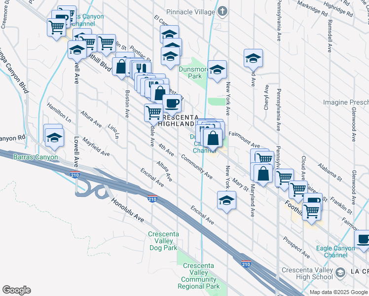 map of restaurants, bars, coffee shops, grocery stores, and more near 3540 Fairchild Street in Glendale