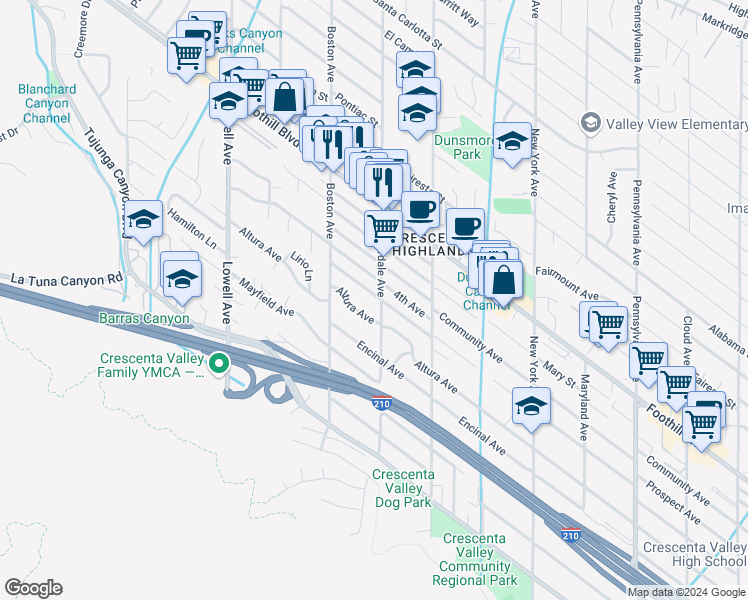 map of restaurants, bars, coffee shops, grocery stores, and more near 3704 5th Avenue in Glendale