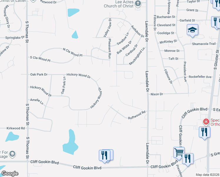 map of restaurants, bars, coffee shops, grocery stores, and more near 1705 Ruff Circle in Tupelo