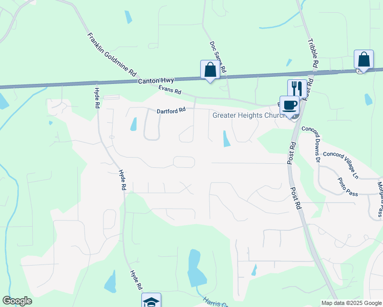 map of restaurants, bars, coffee shops, grocery stores, and more near 4970 Dawson Court in Cumming