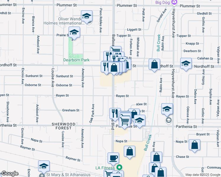 map of restaurants, bars, coffee shops, grocery stores, and more near 8929 Balboa Boulevard in Los Angeles