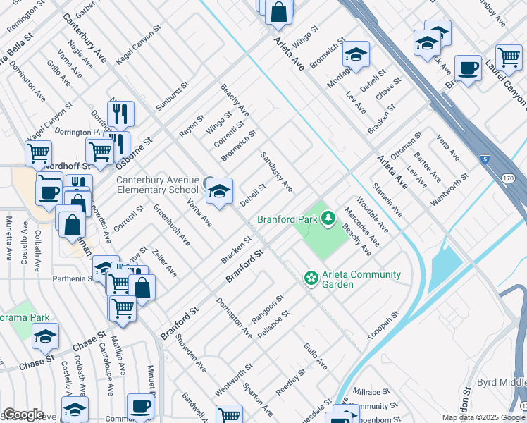 map of restaurants, bars, coffee shops, grocery stores, and more near 13506 Chase Street in Los Angeles