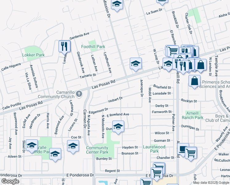 map of restaurants, bars, coffee shops, grocery stores, and more near 1568 Canter Avenue in Camarillo