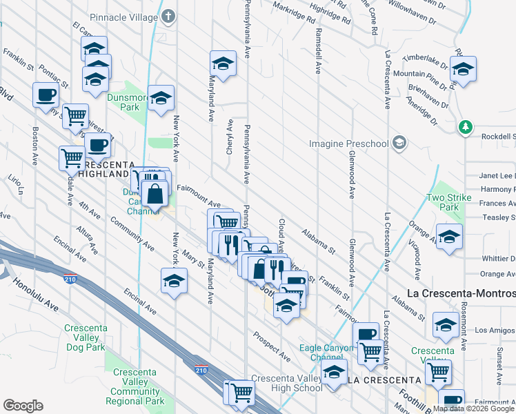 map of restaurants, bars, coffee shops, grocery stores, and more near 3149 Los Olivos Lane in La Crescenta-Montrose