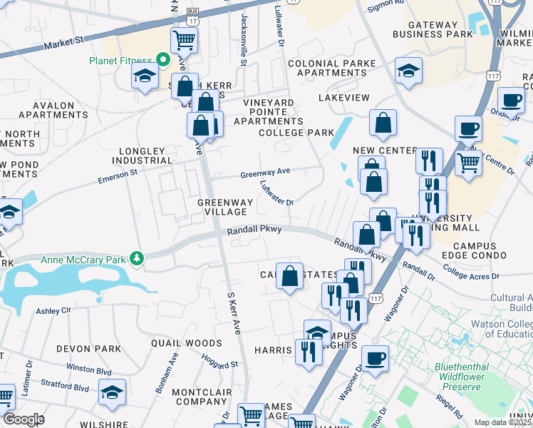 map of restaurants, bars, coffee shops, grocery stores, and more near 4847 Kubeck Court in Wilmington