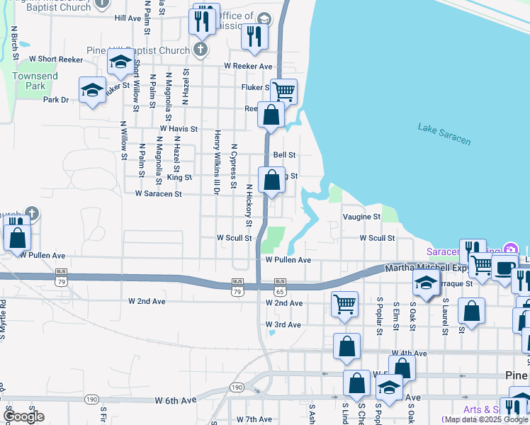 map of restaurants, bars, coffee shops, grocery stores, and more near 418 University Drive in Pine Bluff
