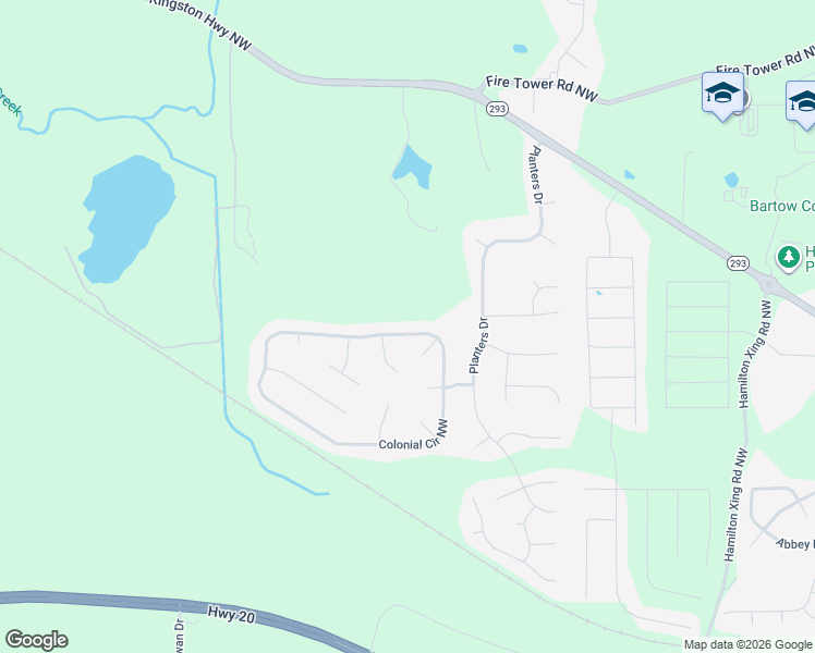 map of restaurants, bars, coffee shops, grocery stores, and more near 121 Colonial Circle Northwest in Cartersville