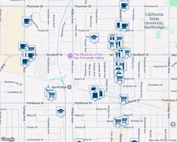 map of restaurants, bars, coffee shops, grocery stores, and more near 8939 Rhea Avenue in Los Angeles