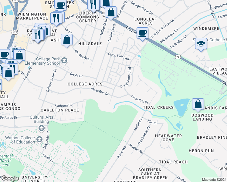 map of restaurants, bars, coffee shops, grocery stores, and more near Striking Island Drive in Wilmington
