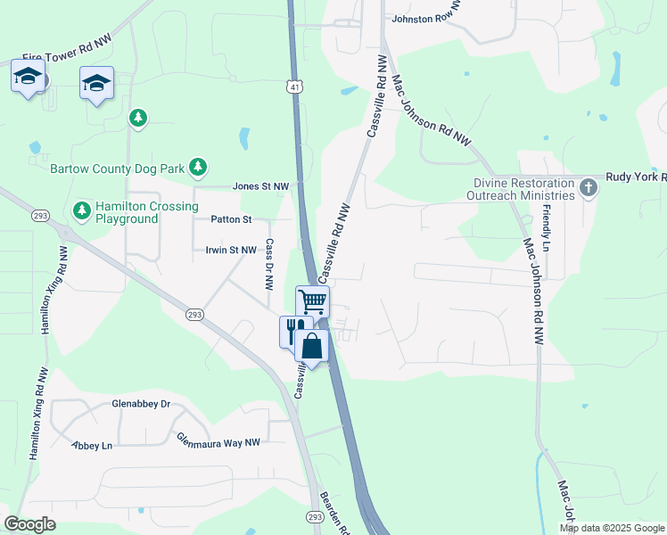 map of restaurants, bars, coffee shops, grocery stores, and more near 1404 Cassville Road Northwest in Cartersville