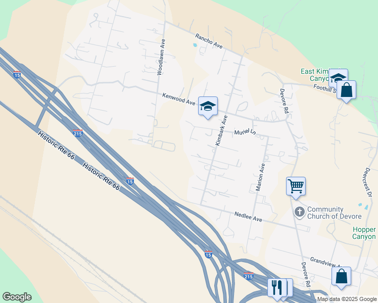 map of restaurants, bars, coffee shops, grocery stores, and more near 17928 Hillcrest Drive in San Bernardino