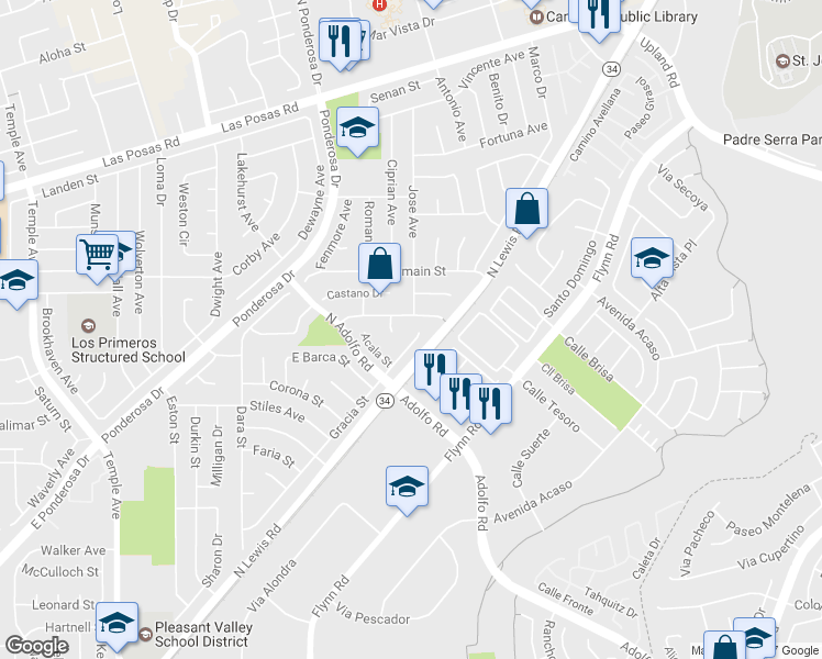 map of restaurants, bars, coffee shops, grocery stores, and more near 1495 Gracia St in Camarillo
