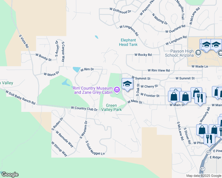 map of restaurants, bars, coffee shops, grocery stores, and more near 1136 West Lake Drive in Payson
