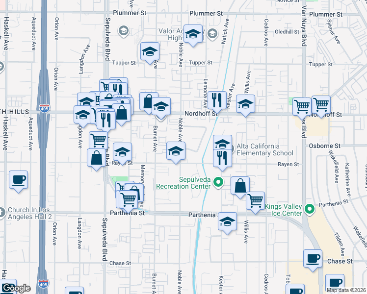 map of restaurants, bars, coffee shops, grocery stores, and more near 8946 Noble Avenue in Los Angeles