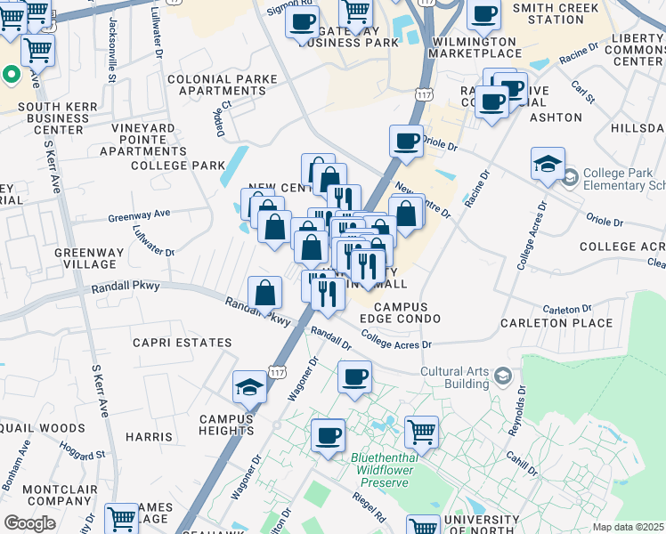 map of restaurants, bars, coffee shops, grocery stores, and more near South College Road in Wilmington