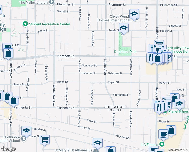 map of restaurants, bars, coffee shops, grocery stores, and more near 17350 Osborne Street in Los Angeles